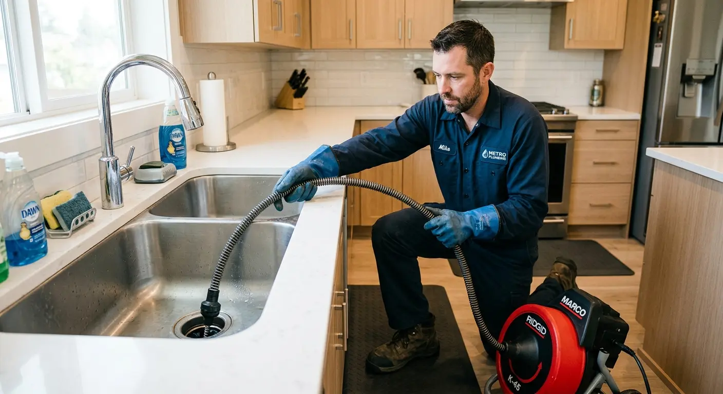 Drain cleaning technician using a motorized snake on a kitchen sink in West Sacramento