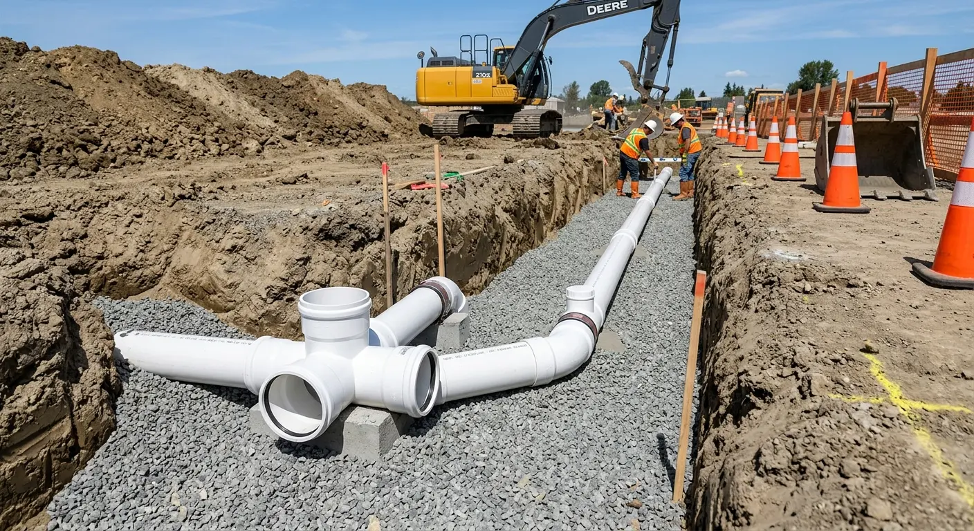 New PVC sewer pipe installation in open trench for Sewer Backup in West Sacramento