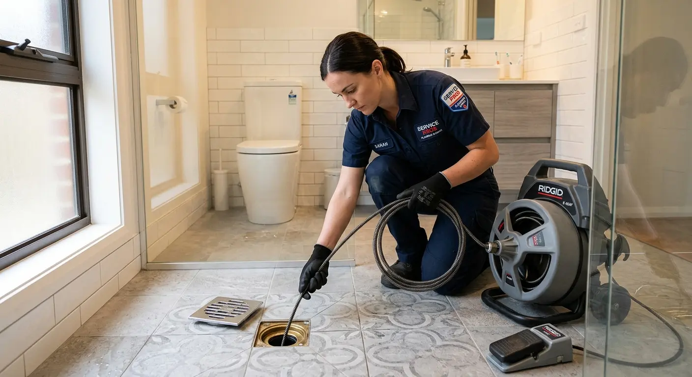 Technician clearing a bathroom floor drain for Sewer Line Replacement in West Sacramento
